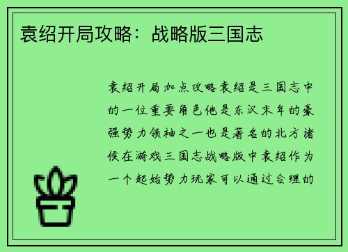 袁绍开局攻略：战略版三国志