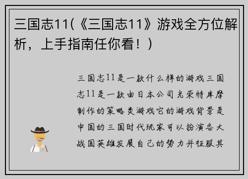三国志11(《三国志11》游戏全方位解析，上手指南任你看！)